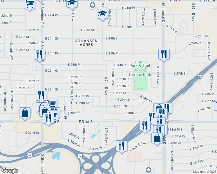 map of restaurants, bars, coffee shops, grocery stores, and more near 2725 S 74th E Ave in Tulsa
