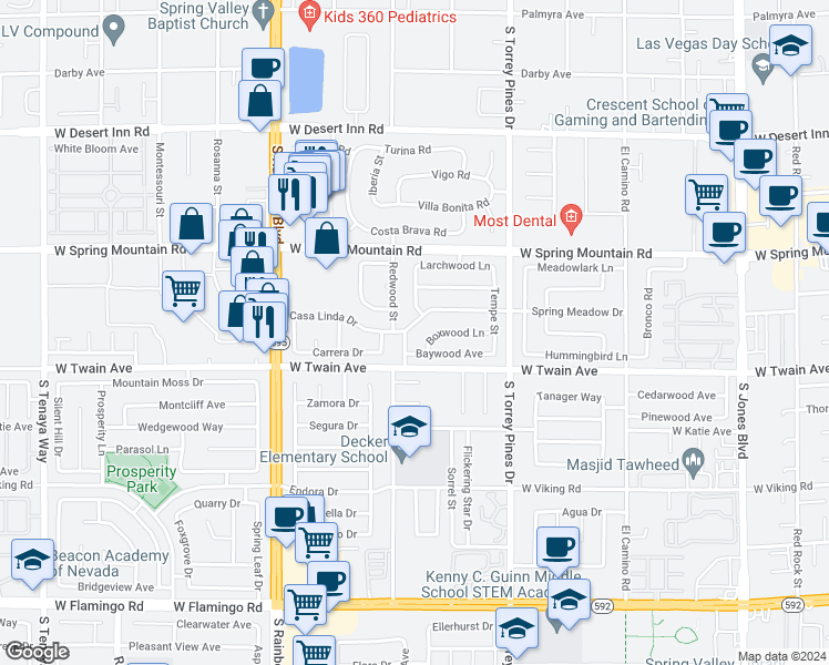 map of restaurants, bars, coffee shops, grocery stores, and more near 6675 Casa Linda Drive in Las Vegas