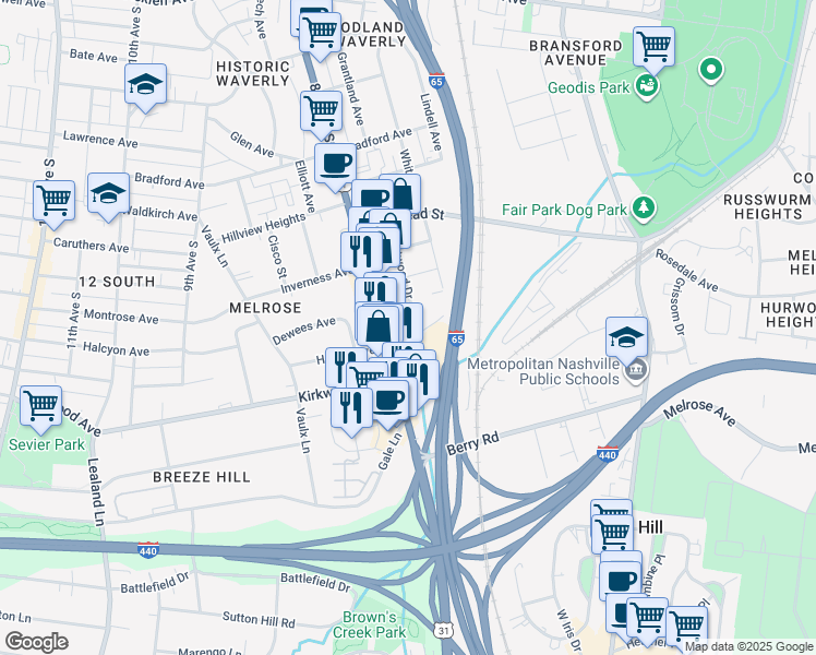 map of restaurants, bars, coffee shops, grocery stores, and more near 2729 Westwood Drive in Nashville