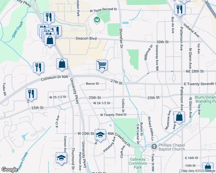 map of restaurants, bars, coffee shops, grocery stores, and more near 2555 Boneyard Street in Winston-Salem