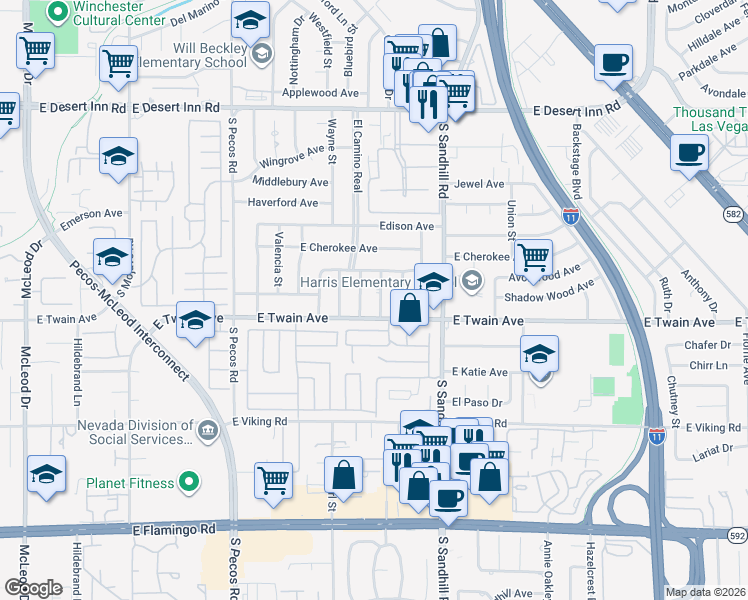 map of restaurants, bars, coffee shops, grocery stores, and more near 3673 Castille Street in Las Vegas