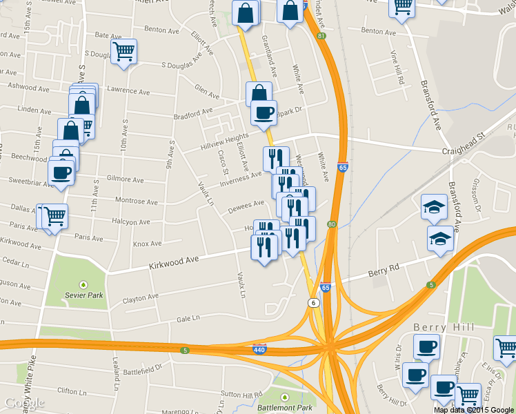 map of restaurants, bars, coffee shops, grocery stores, and more near 804 Dewees Ave in Nashville