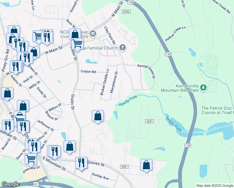 map of restaurants, bars, coffee shops, grocery stores, and more near 128 Thomas Drake Court in Kernersville