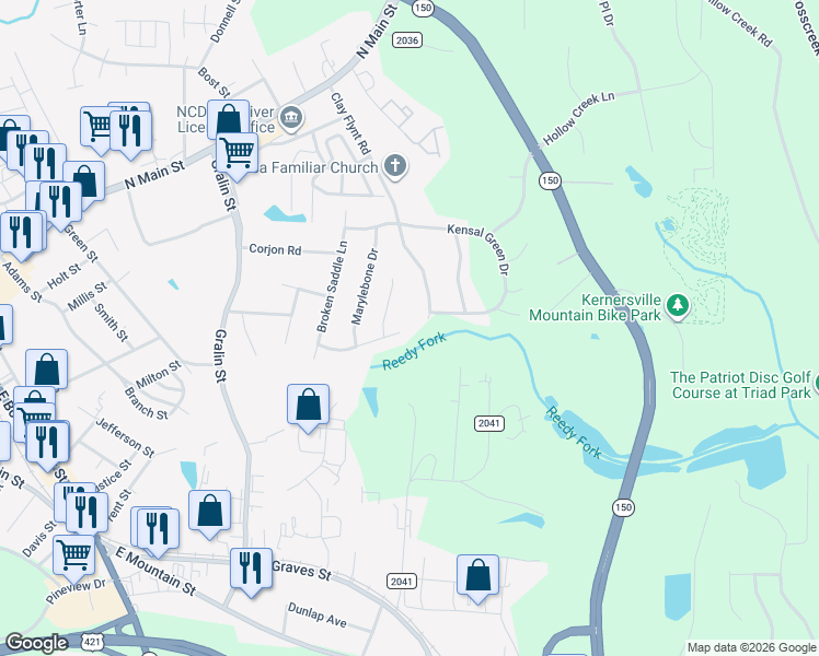 map of restaurants, bars, coffee shops, grocery stores, and more near 844 Leichester Square Court in Kernersville