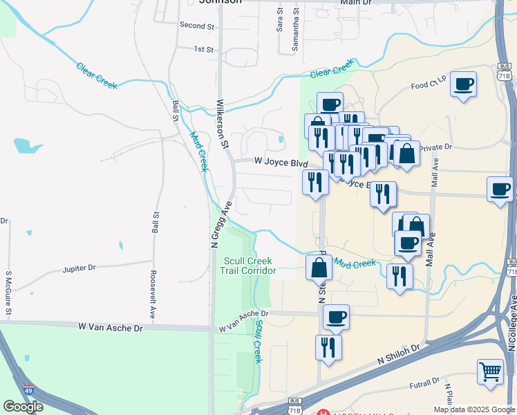 map of restaurants, bars, coffee shops, grocery stores, and more near 2503 West Mary Drive in Fayetteville