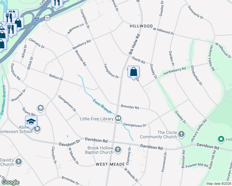 map of restaurants, bars, coffee shops, grocery stores, and more near 741 Brook Hollow Road in Nashville