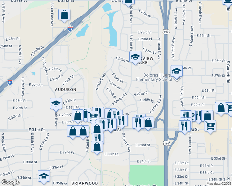 map of restaurants, bars, coffee shops, grocery stores, and more near 9659 East 28th Street in Tulsa