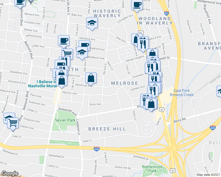 map of restaurants, bars, coffee shops, grocery stores, and more near 807 Montrose Ave in Nashville