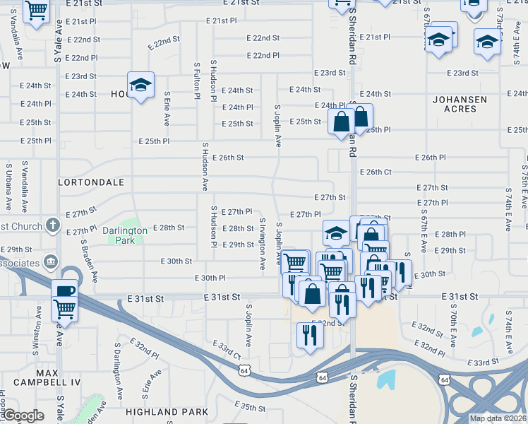 map of restaurants, bars, coffee shops, grocery stores, and more near 2719 South Irvington Avenue in Tulsa