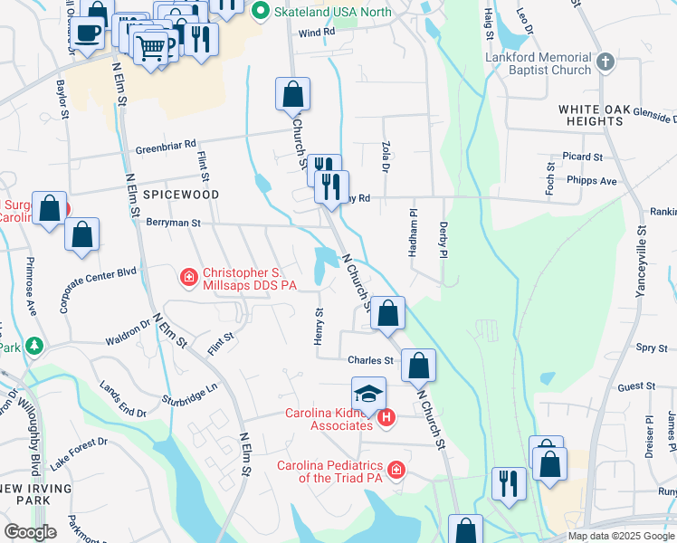 map of restaurants, bars, coffee shops, grocery stores, and more near 3501 Sherbourne Lane in Greensboro
