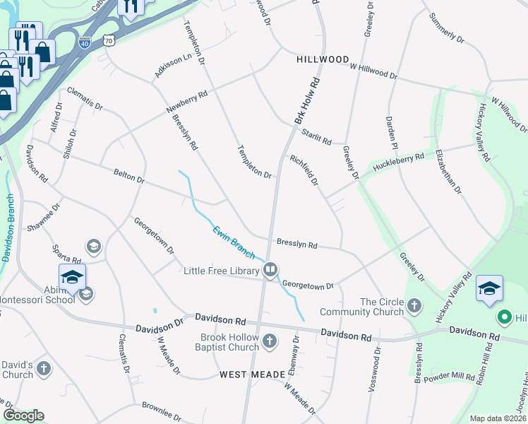 map of restaurants, bars, coffee shops, grocery stores, and more near 741 Brook Hollow Road in Nashville
