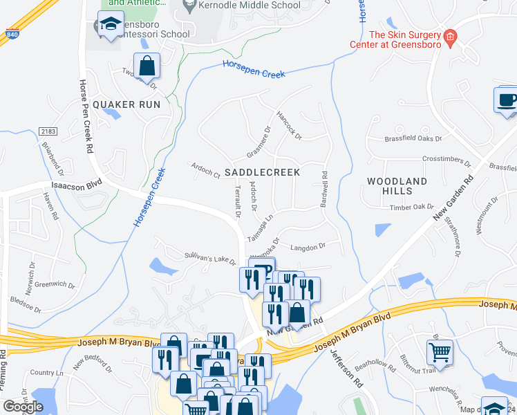map of restaurants, bars, coffee shops, grocery stores, and more near 3008 Ardoch Drive in Greensboro