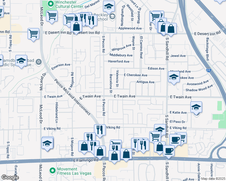 map of restaurants, bars, coffee shops, grocery stores, and more near 3676 Barcelona Street in Las Vegas