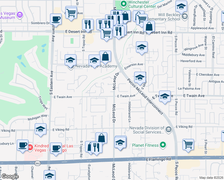 map of restaurants, bars, coffee shops, grocery stores, and more near 2970 Blaney Court in Las Vegas