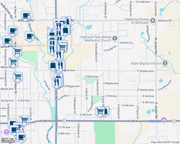 map of restaurants, bars, coffee shops, grocery stores, and more near 1023 East Virginia Avenue in Stillwater