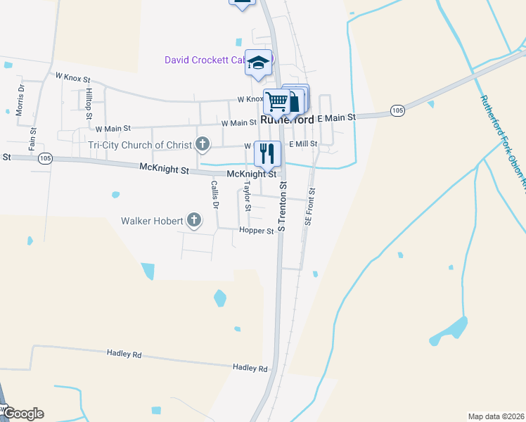 map of restaurants, bars, coffee shops, grocery stores, and more near 107 Fox St in Rutherford