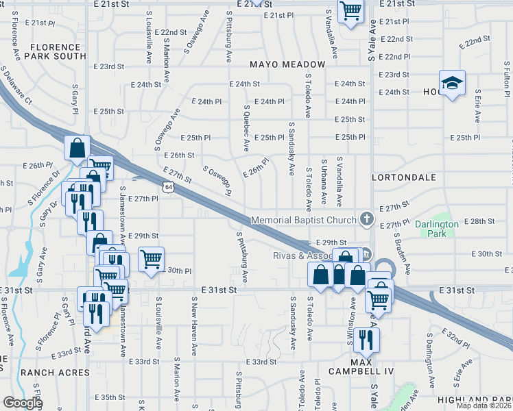 map of restaurants, bars, coffee shops, grocery stores, and more near 2676 South Quebec Avenue in Tulsa