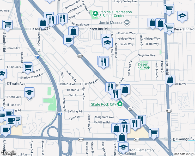 map of restaurants, bars, coffee shops, grocery stores, and more near 4530 East Twain Avenue in Las Vegas
