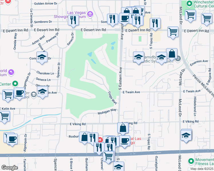 map of restaurants, bars, coffee shops, grocery stores, and more near 3672 Tioga Way in Las Vegas