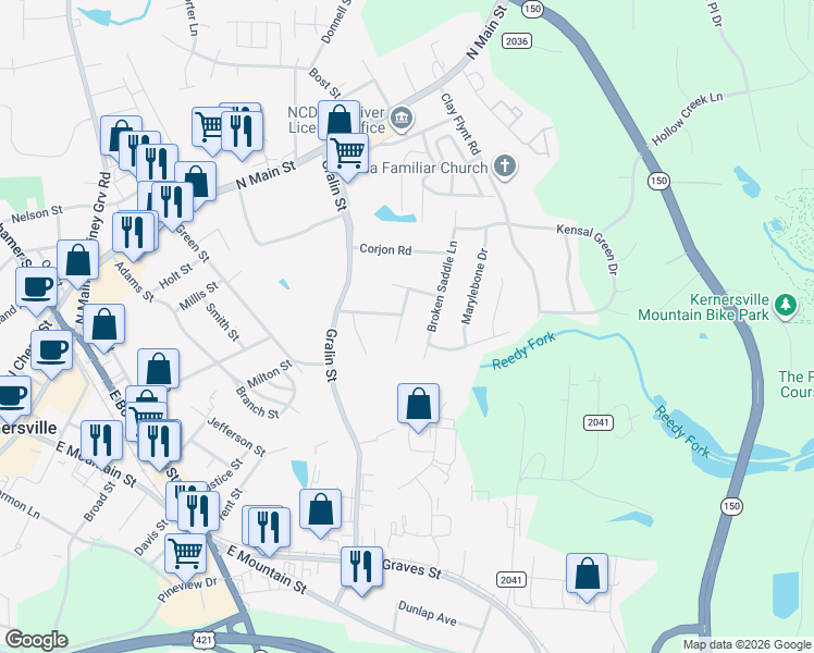 map of restaurants, bars, coffee shops, grocery stores, and more near 403 Tar Heel Lane in Kernersville