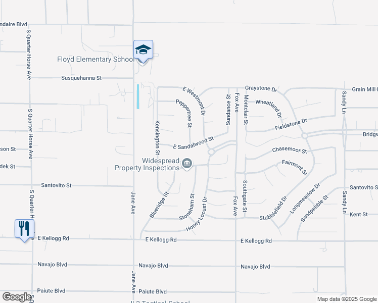 map of restaurants, bars, coffee shops, grocery stores, and more near 4741 East Sandalwood Drive in Pahrump
