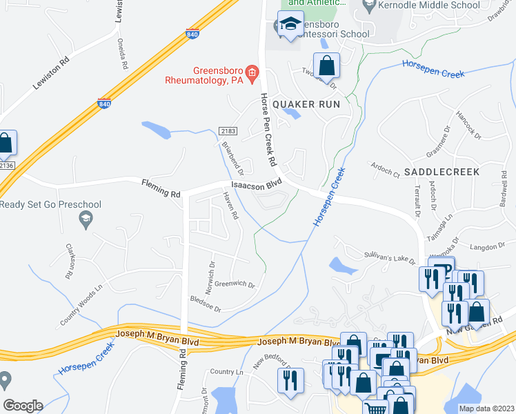 map of restaurants, bars, coffee shops, grocery stores, and more near 28 Tannenbaum Circle in Greensboro