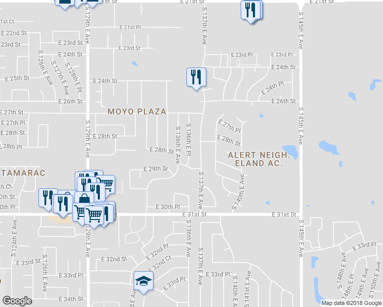 map of restaurants, bars, coffee shops, grocery stores, and more near 2781 South 136th East Place in Tulsa