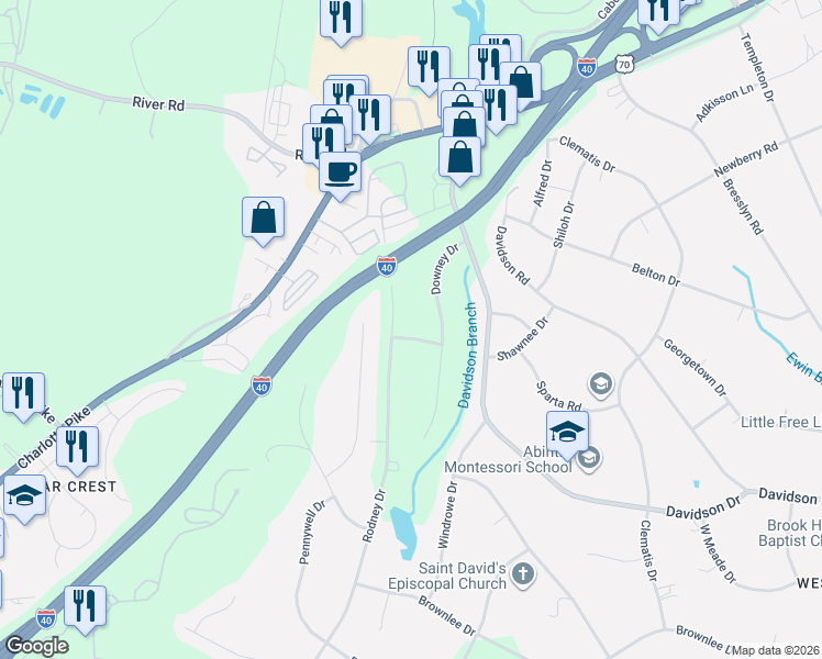 map of restaurants, bars, coffee shops, grocery stores, and more near 685 Shawnee Drive in Nashville