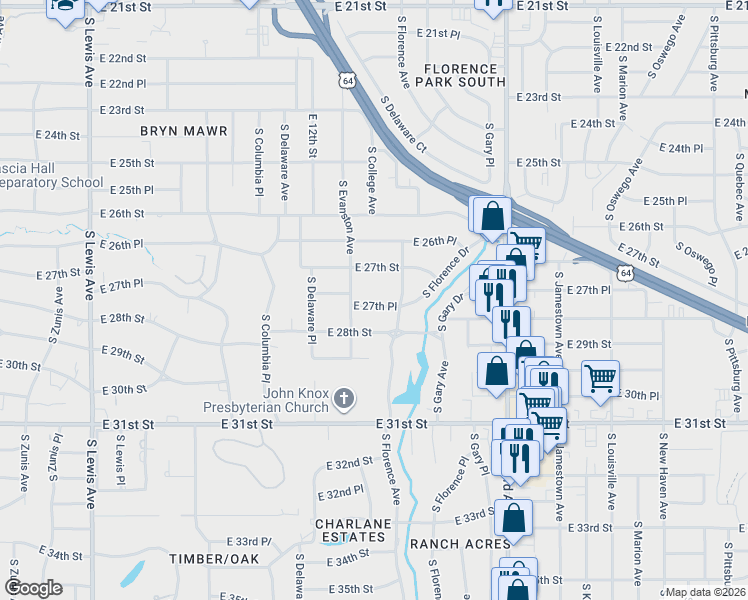 map of restaurants, bars, coffee shops, grocery stores, and more near 2923 East 27th Place in Tulsa