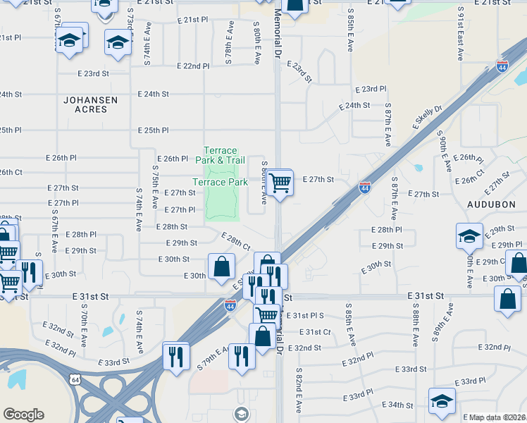 map of restaurants, bars, coffee shops, grocery stores, and more near 2736 East 27th Place in Tulsa