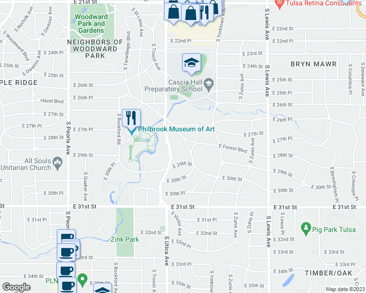 map of restaurants, bars, coffee shops, grocery stores, and more near 2810 South Victor Avenue in Tulsa