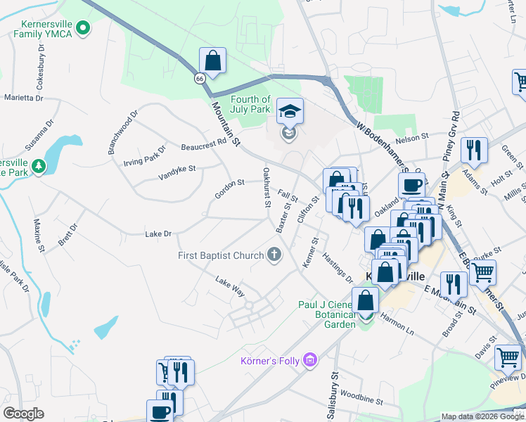 map of restaurants, bars, coffee shops, grocery stores, and more near 506 Lake Drive in Kernersville