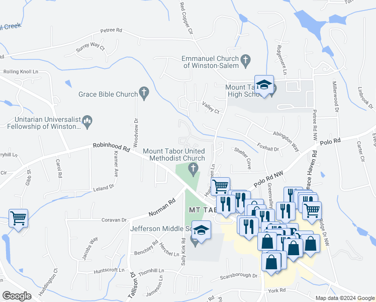 map of restaurants, bars, coffee shops, grocery stores, and more near 3615 Kings Court in Winston-Salem