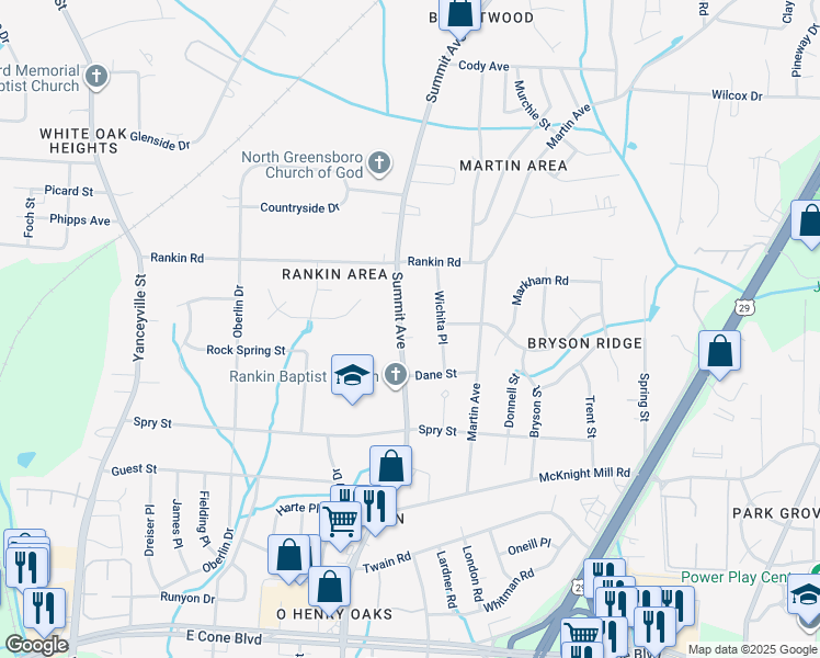 map of restaurants, bars, coffee shops, grocery stores, and more near 3412 Summit Avenue in Greensboro