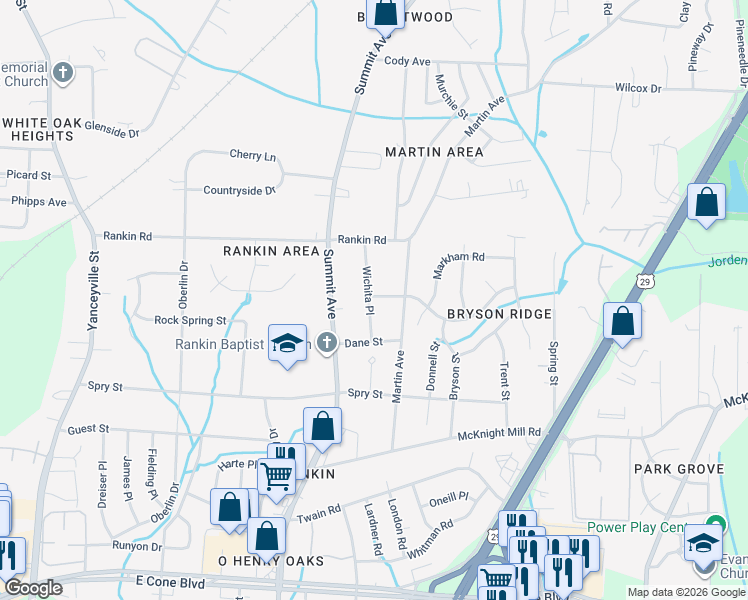 map of restaurants, bars, coffee shops, grocery stores, and more near 3416 Wichita Place in Greensboro