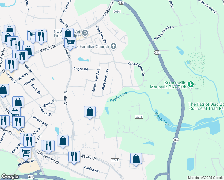 map of restaurants, bars, coffee shops, grocery stores, and more near 128 Thomas Drake Court in Kernersville