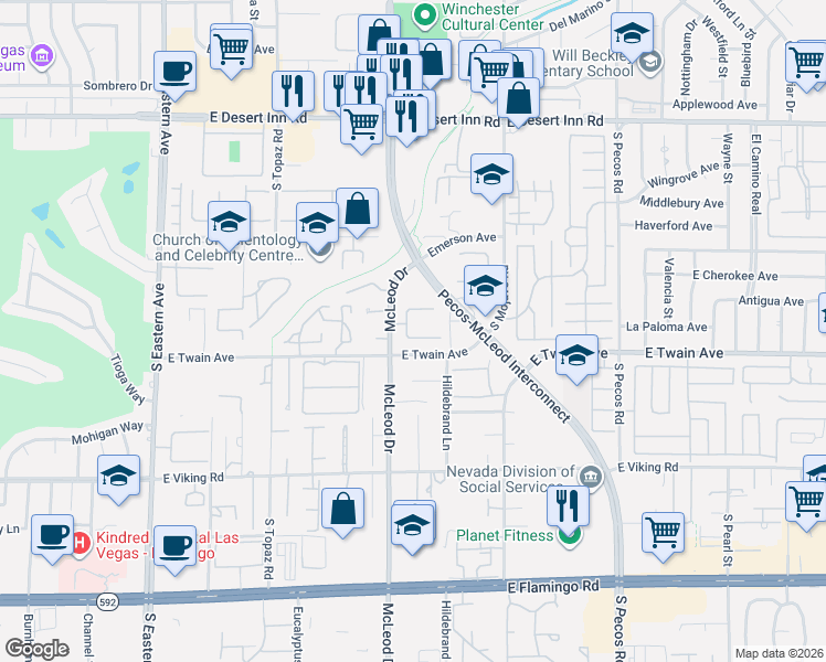 map of restaurants, bars, coffee shops, grocery stores, and more near 3046 Conquista Court in Las Vegas