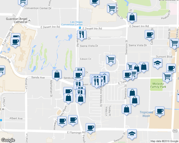 map of restaurants, bars, coffee shops, grocery stores, and more near 530 Elm Drive in Las Vegas