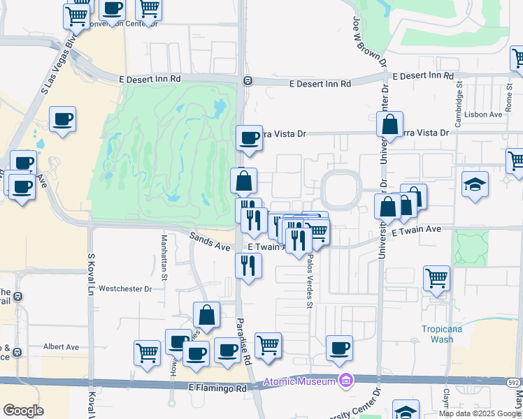 map of restaurants, bars, coffee shops, grocery stores, and more near 480 Elm Drive in Las Vegas
