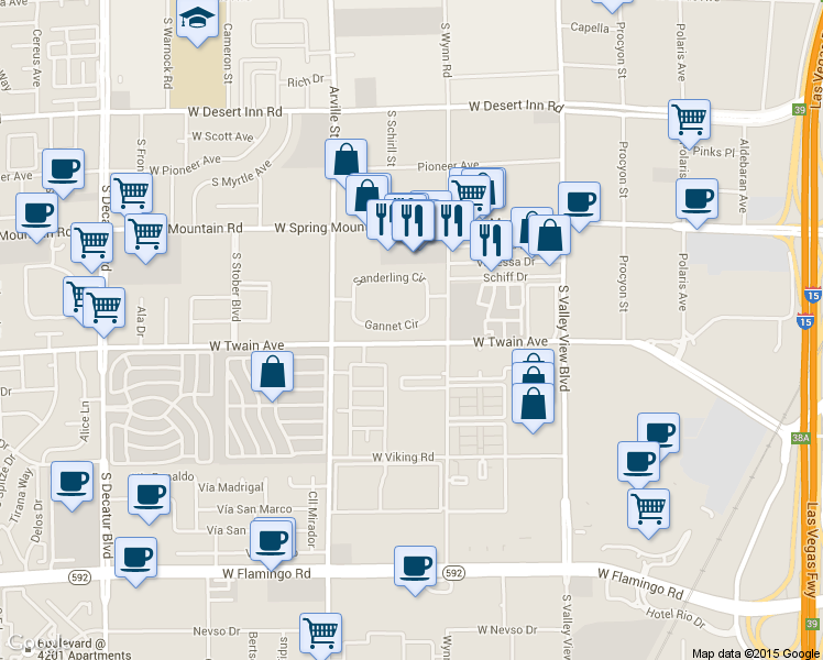 map of restaurants, bars, coffee shops, grocery stores, and more near 4171 Gannet Circle in Las Vegas
