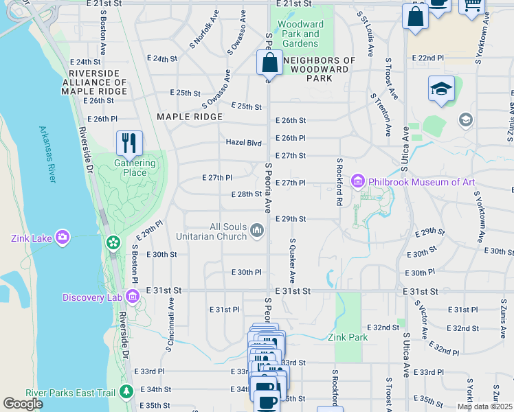 map of restaurants, bars, coffee shops, grocery stores, and more near 1257 East 29th Street in Tulsa