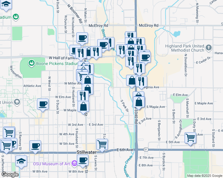 map of restaurants, bars, coffee shops, grocery stores, and more near 413 East Virginia Avenue in Stillwater
