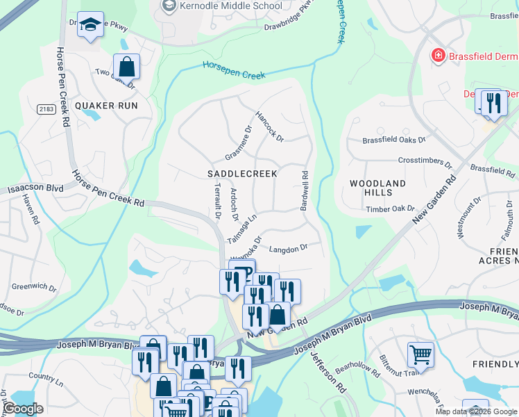map of restaurants, bars, coffee shops, grocery stores, and more near 3904 Talmaga Lane in Greensboro