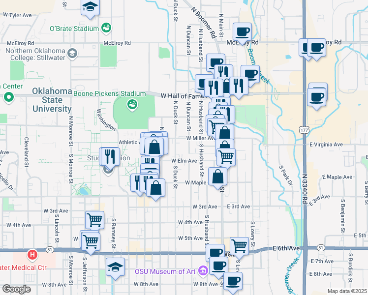map of restaurants, bars, coffee shops, grocery stores, and more near 13 North Duncan Street in Stillwater
