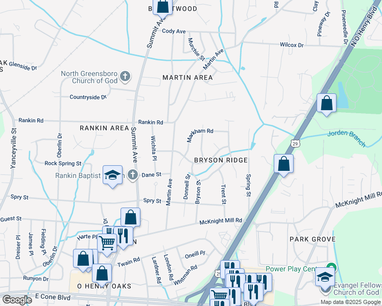 map of restaurants, bars, coffee shops, grocery stores, and more near 3502 Markham Road in Greensboro