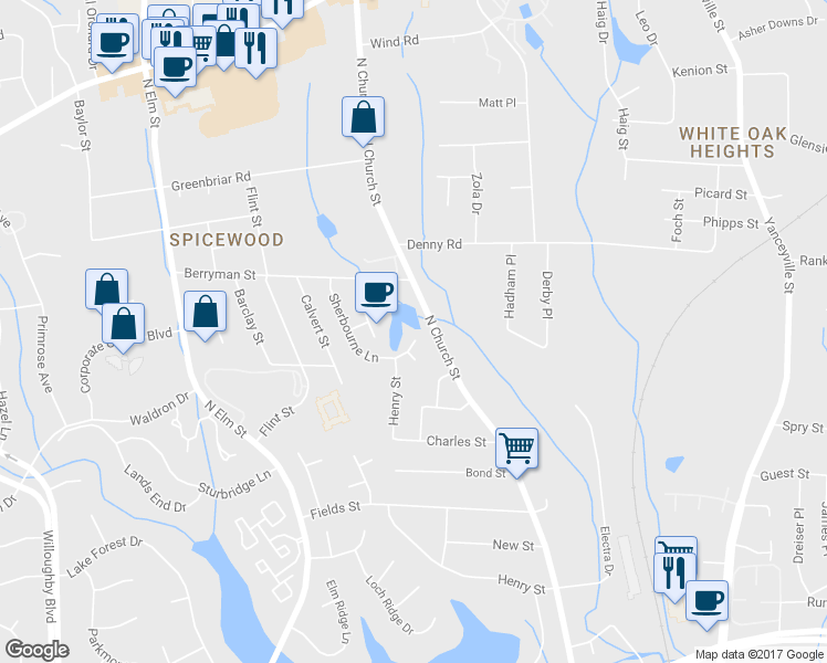 map of restaurants, bars, coffee shops, grocery stores, and more near 3500 Sherbourne Lane in Greensboro