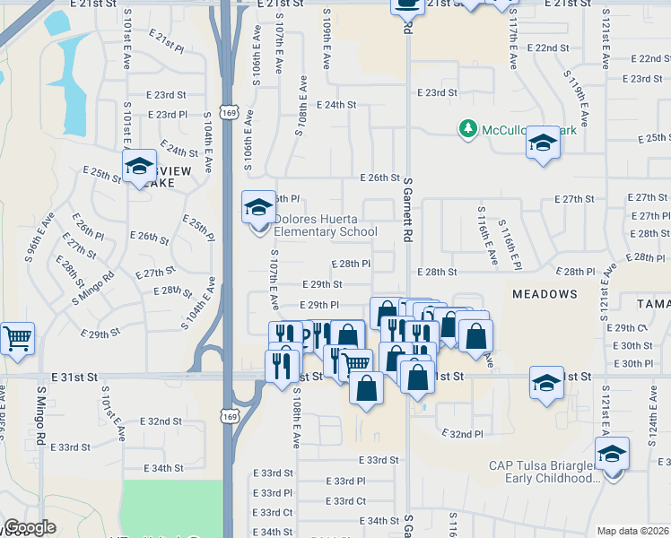 map of restaurants, bars, coffee shops, grocery stores, and more near 10908 East 28th Place in Tulsa