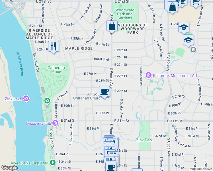 map of restaurants, bars, coffee shops, grocery stores, and more near 1257 East 29th Street in Tulsa