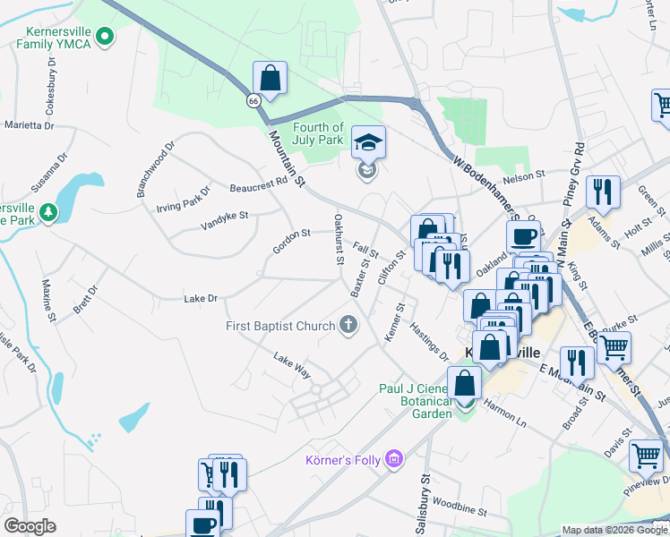 map of restaurants, bars, coffee shops, grocery stores, and more near 506 Lake Drive in Kernersville