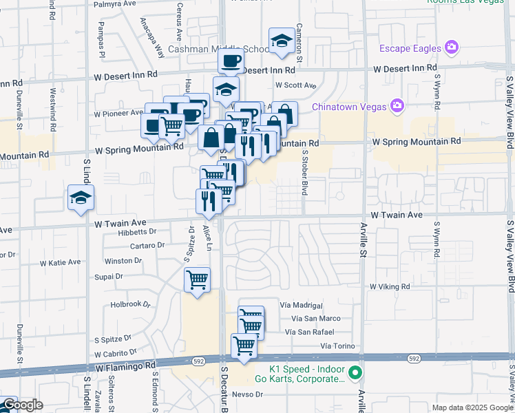 map of restaurants, bars, coffee shops, grocery stores, and more near 3663 Kolendo Court in Las Vegas